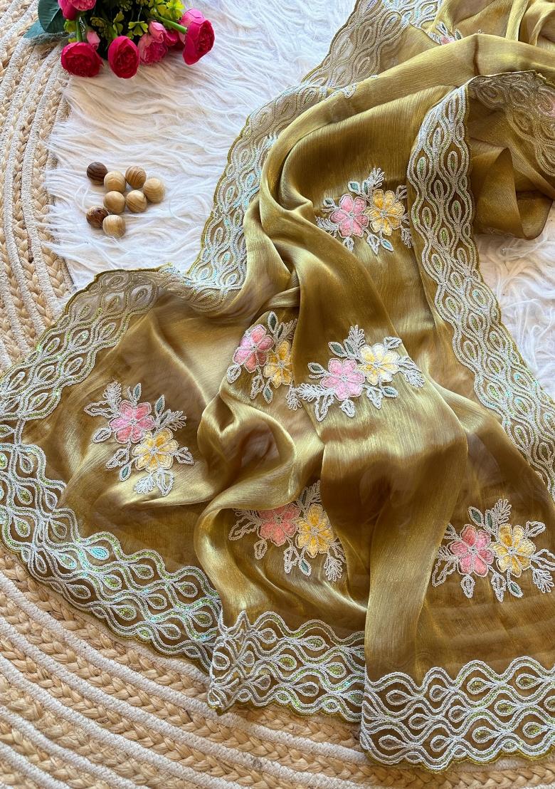 Mustard Yellow Embroidered Jimmy Choo Chiffon Saree Set