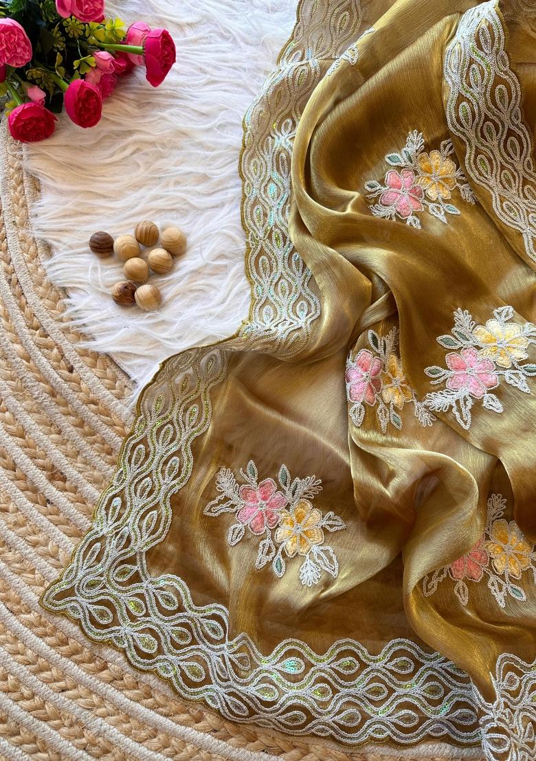 Mustard Yellow Embroidered Jimmy Choo Chiffon Saree Set