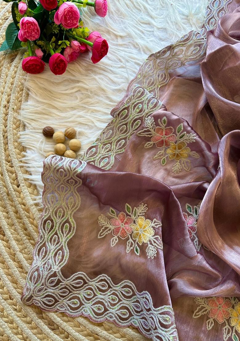 Purple Embroidered Jimmy Choo Chiffon Saree Set