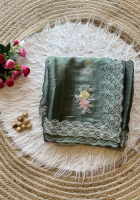 Rama Green Embroidered Jimmy Choo Chiffon Saree Set