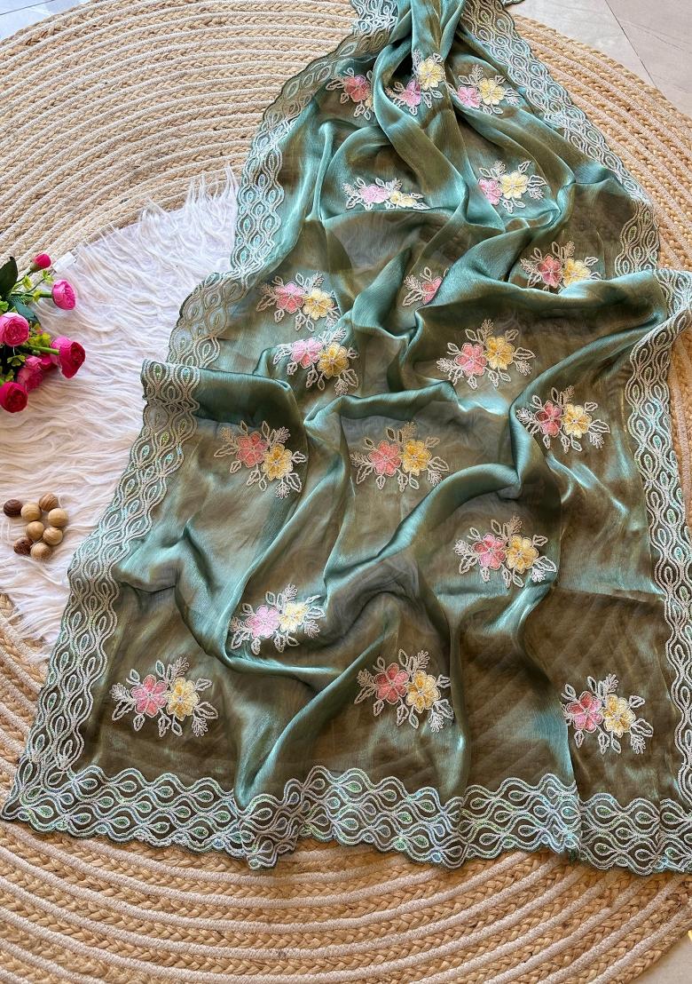 Rama Green Embroidered Jimmy Choo Chiffon Saree Set