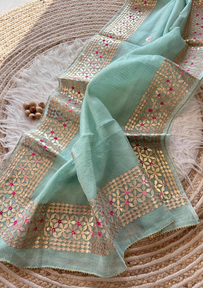 Light Rama Green Embroidered Kota Doriya Saree Set