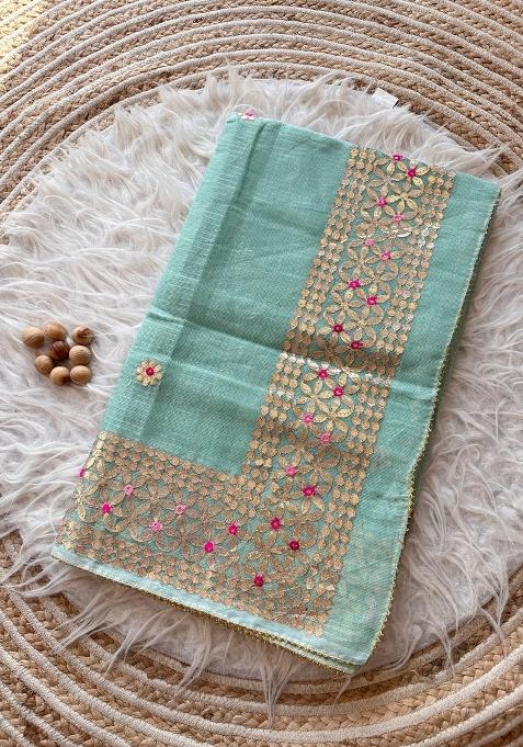 Light Rama Green Embroidered Kota Doriya Saree Set