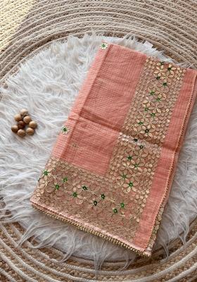Peach Embroidered Kota Doriya Saree Set