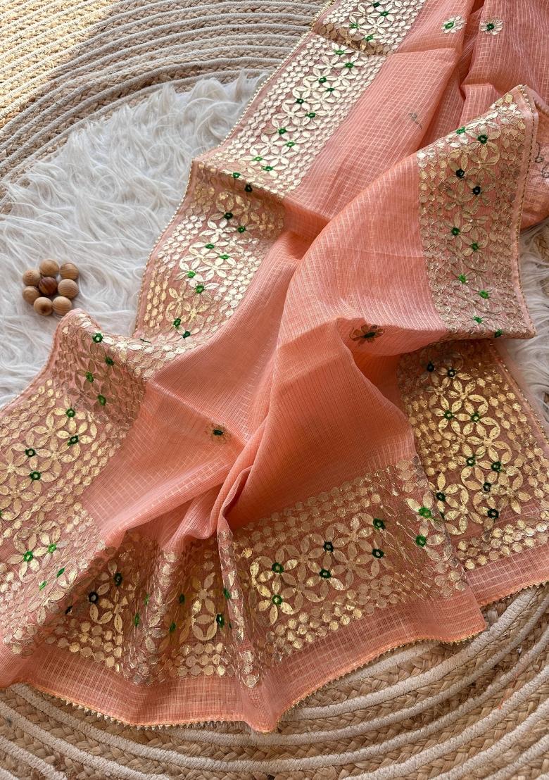Peach Embroidered Kota Doriya Saree Set