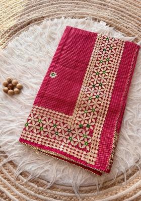 Rani Pink Embroidered Kota Doriya Saree Set