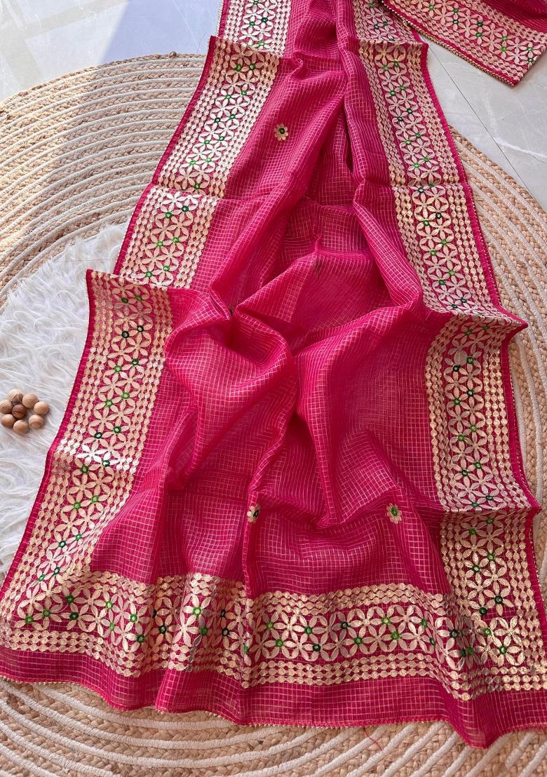 Rani Pink Embroidered Kota Doriya Saree Set