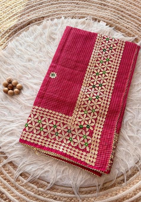 Rani Pink Embroidered Kota Doriya Saree Set