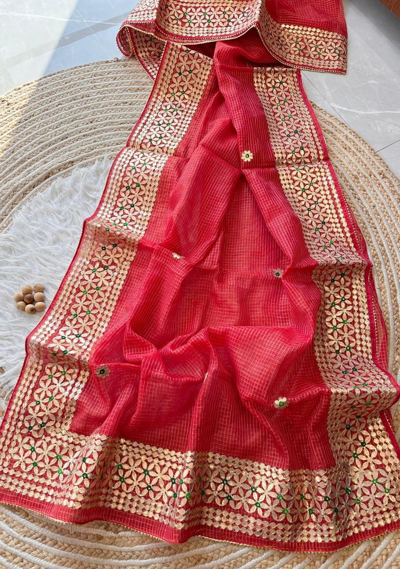 Red Embroidered Kota Doriya Saree Set