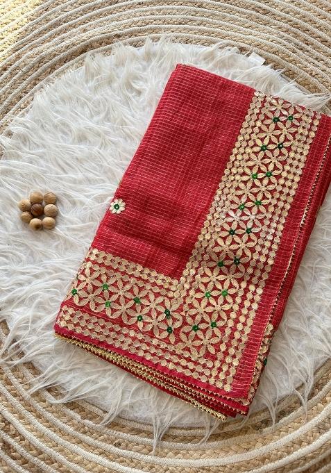 Red Embroidered Kota Doriya Saree Set