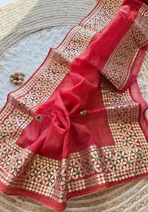 Red Embroidered Kota Doriya Saree Set