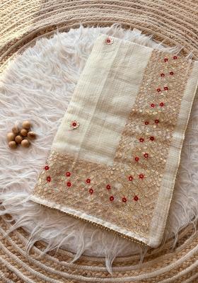 White Embroidered Kota Doriya Saree Set