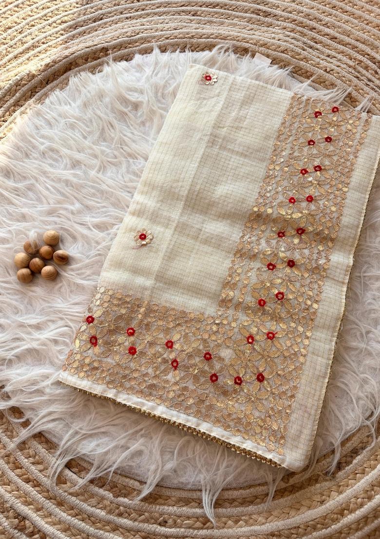 White Embroidered Kota Doriya Saree Set