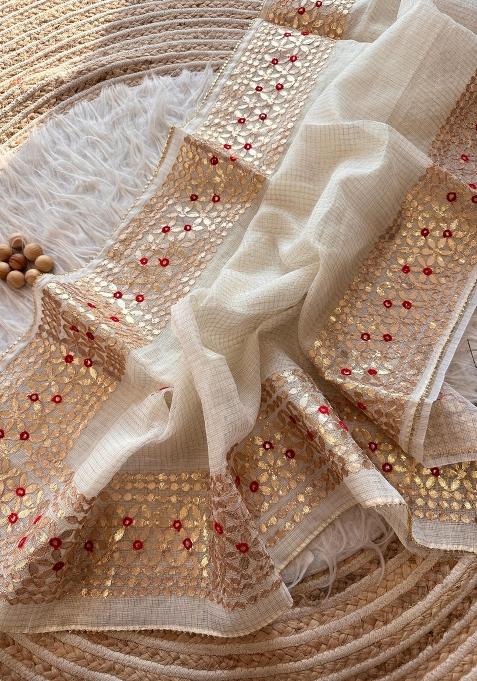 White Embroidered Kota Doriya Saree Set