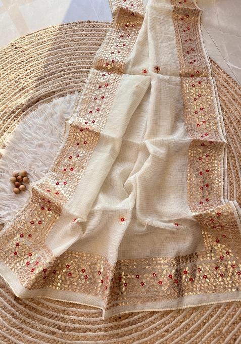 White Embroidered Kota Doriya Saree Set