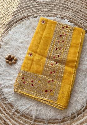 Yellow Embroidered Kota Doriya Saree Set