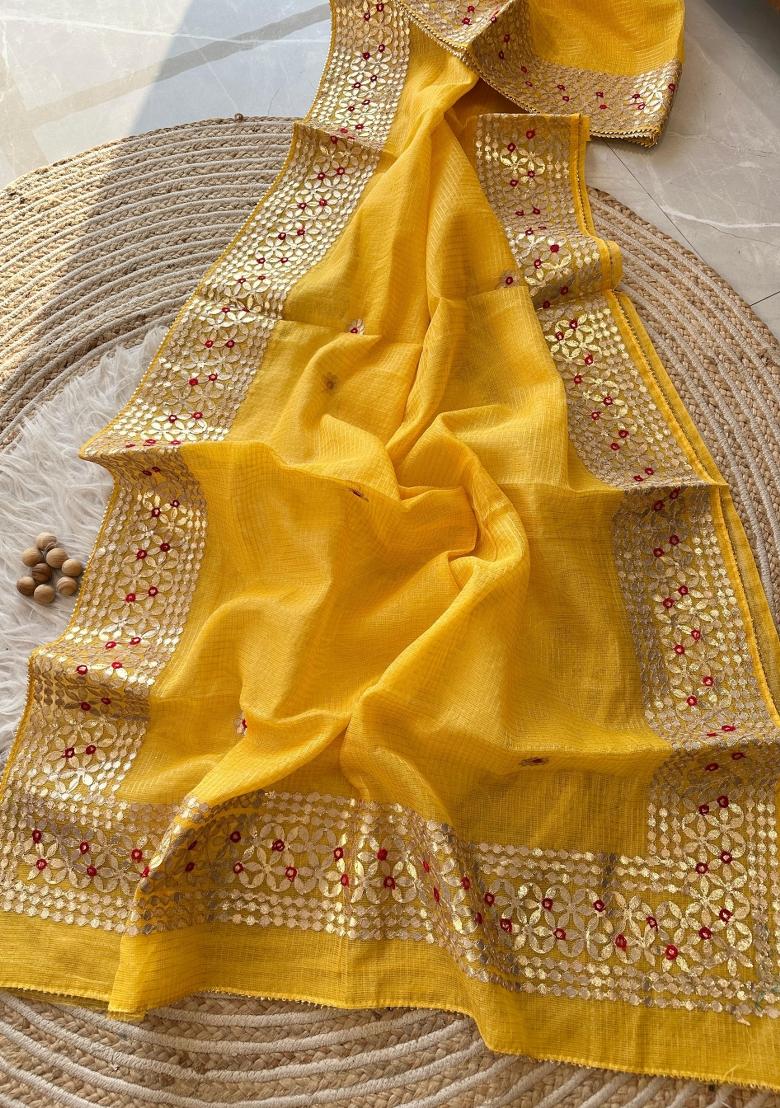 Yellow Embroidered Kota Doriya Saree Set