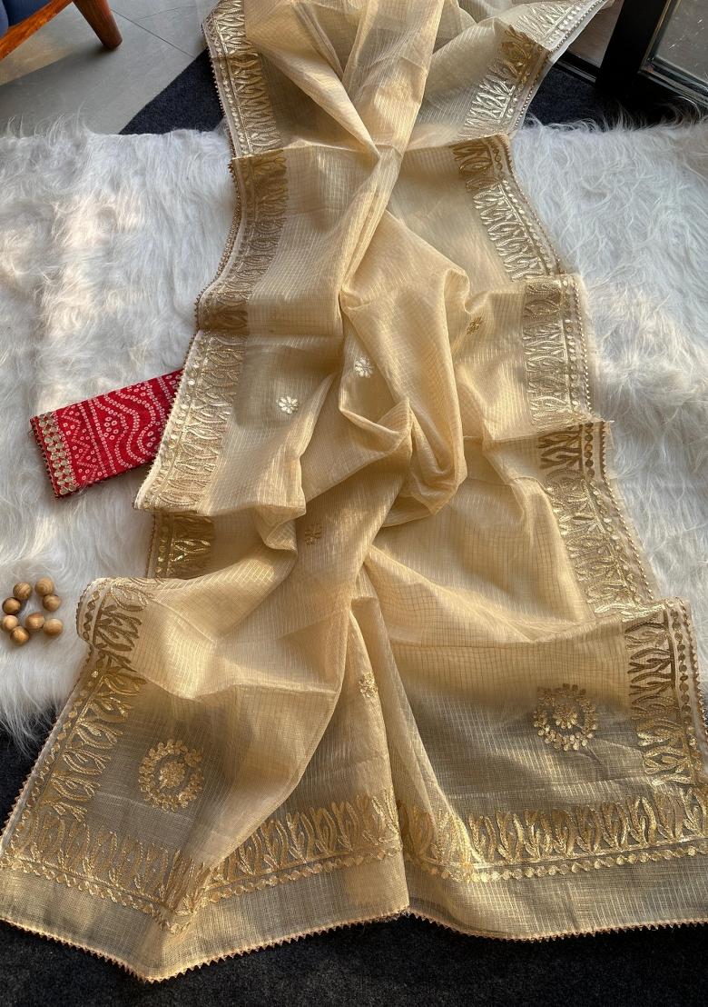 Cream Embroidered Kota Doriya Saree Set