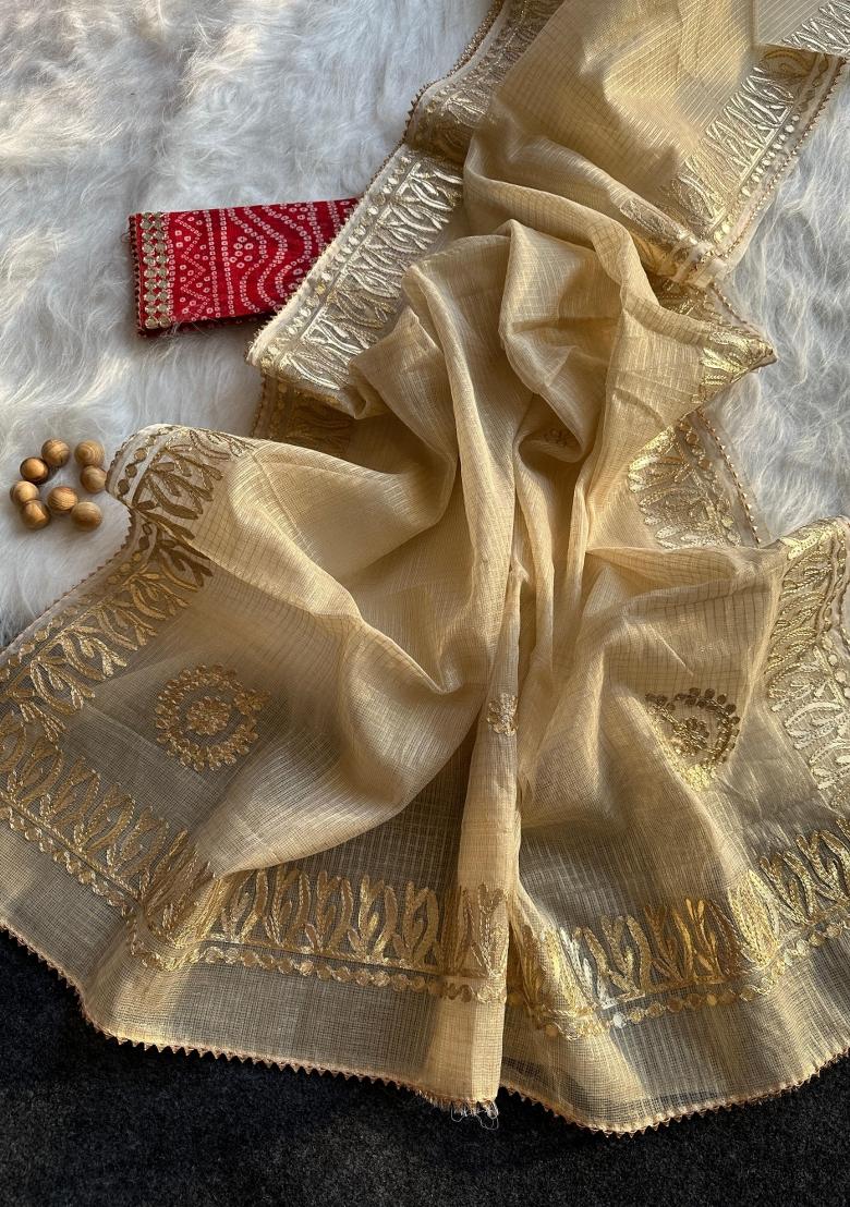 Cream Embroidered Kota Doriya Saree Set