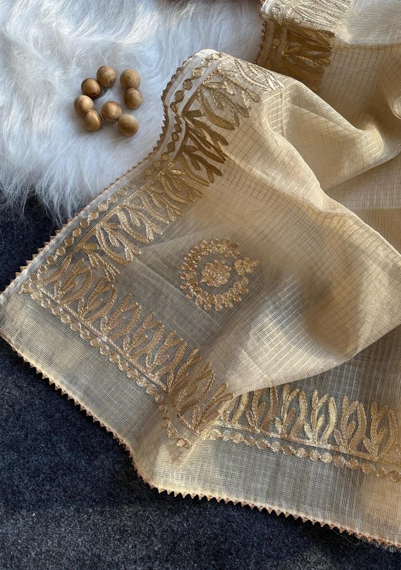 Cream Embroidered Kota Doriya Saree Set