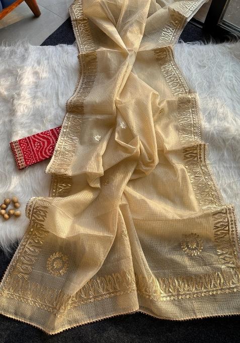 Cream Embroidered Kota Doriya Saree Set