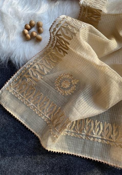 Cream Embroidered Kota Doriya Saree Set