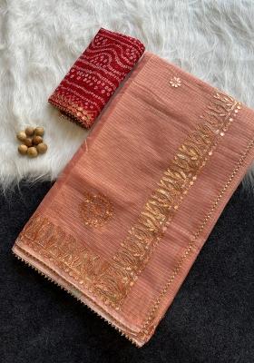 Peach Embroidered Kota Doriya Saree Set