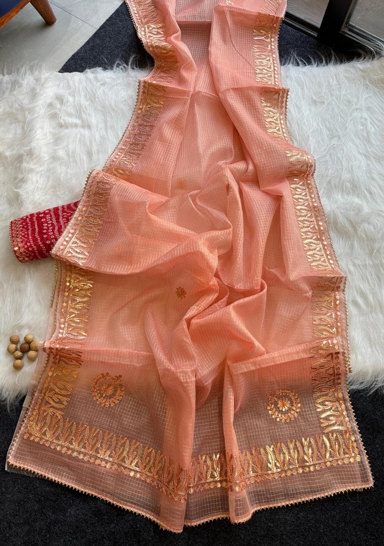 Peach Embroidered Kota Doriya Saree Set