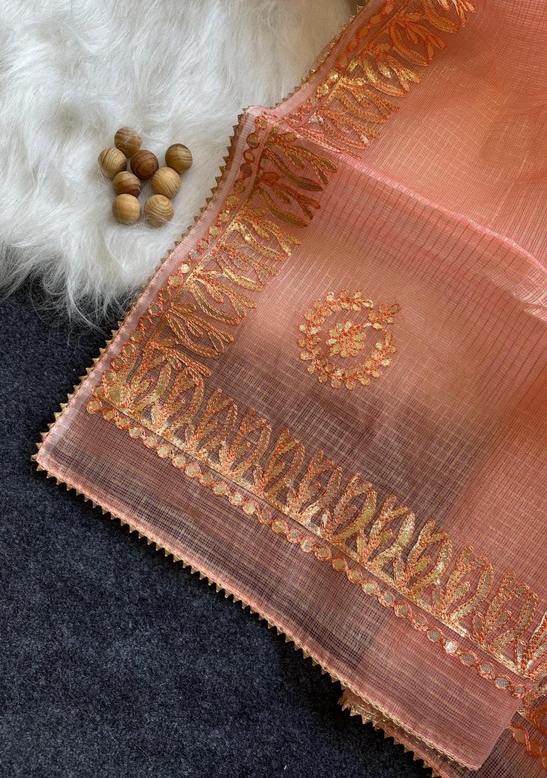Peach Embroidered Kota Doriya Saree Set