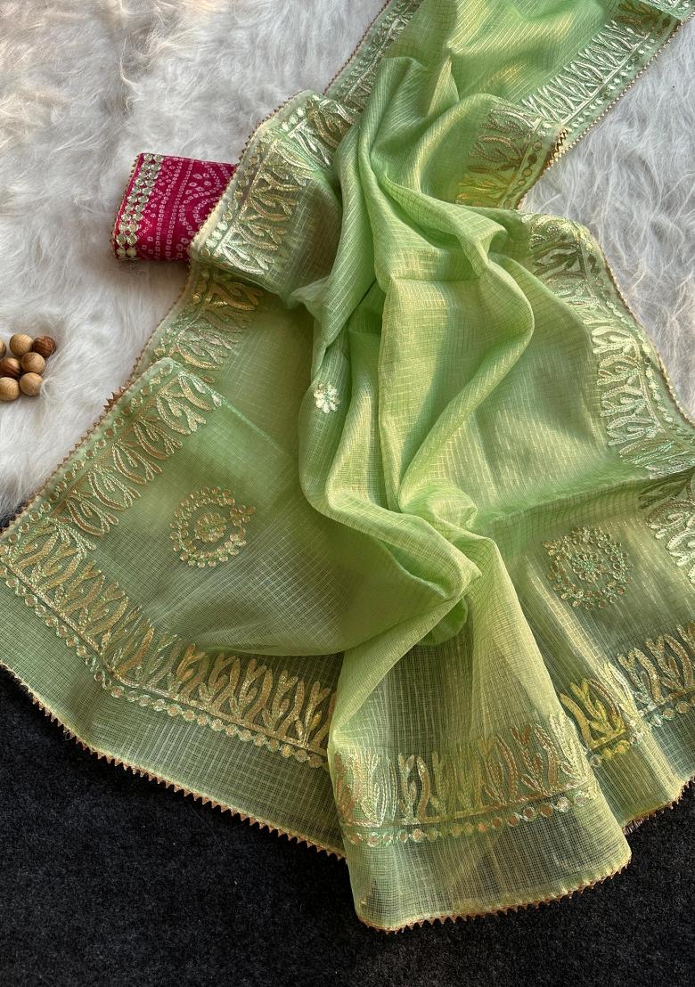 Pista Green Embroidered Kota Doriya Saree Set