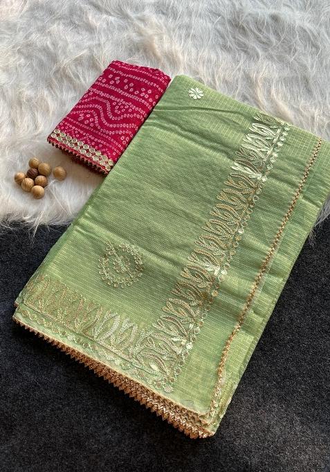 Pista Green Embroidered Kota Doriya Saree Set