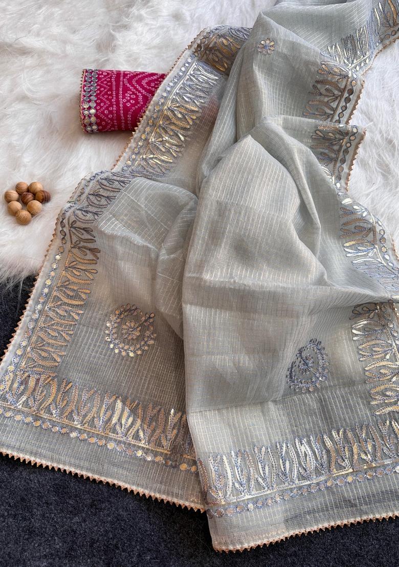Silver Embroidered Kota Doriya Saree Set