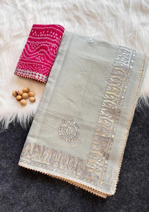 Silver Embroidered Kota Doriya Saree Set