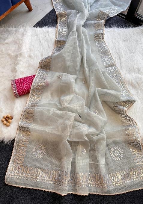 Silver Embroidered Kota Doriya Saree Set
