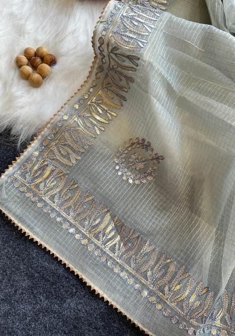 Silver Embroidered Kota Doriya Saree Set