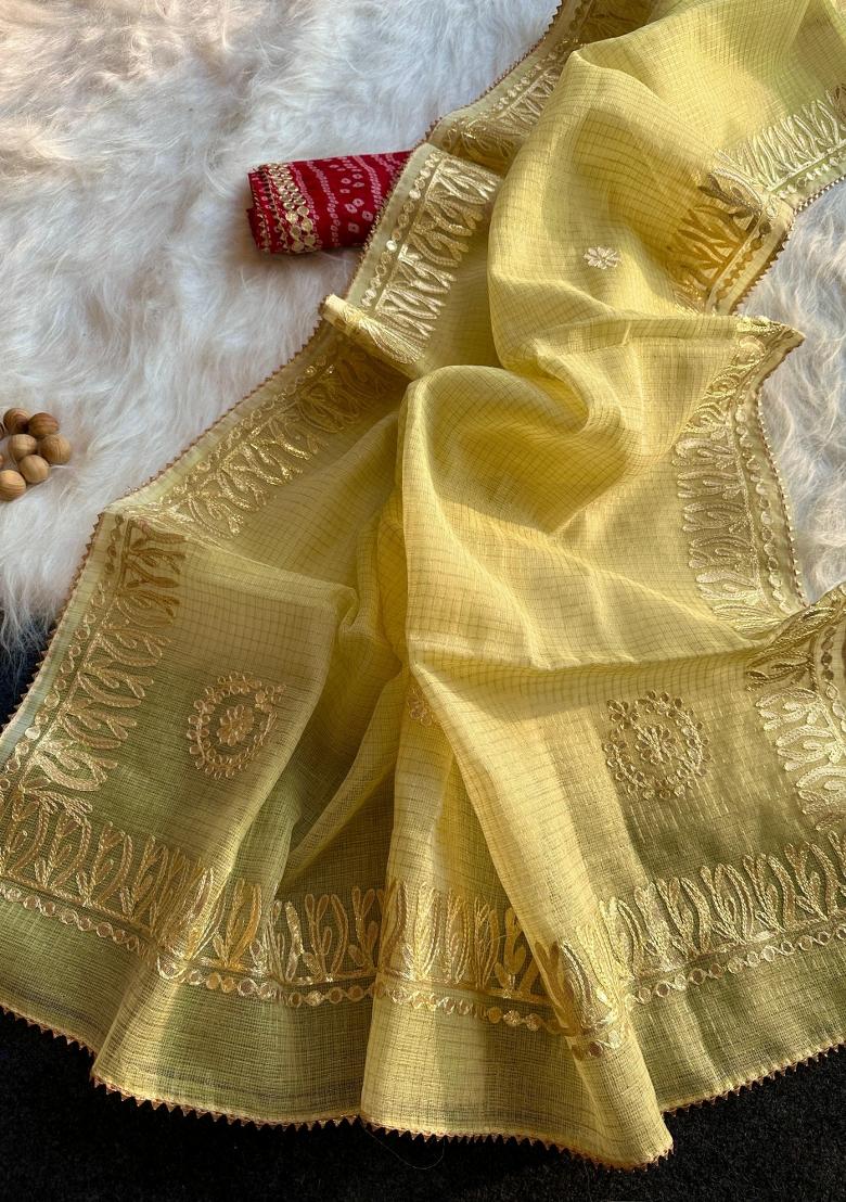 Yellow Embroidered Kota Doriya Saree Set