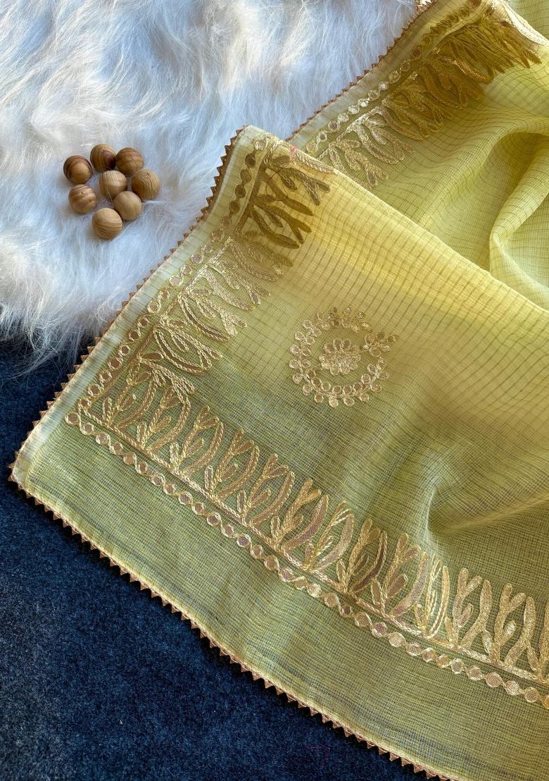 Yellow Embroidered Kota Doriya Saree Set