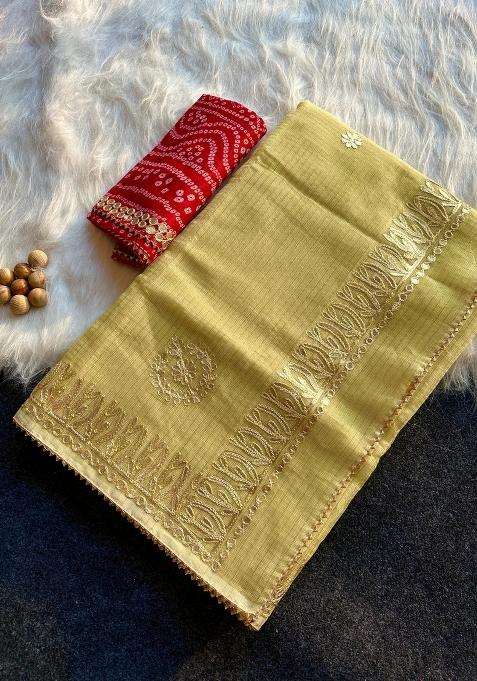 Yellow Embroidered Kota Doriya Saree Set