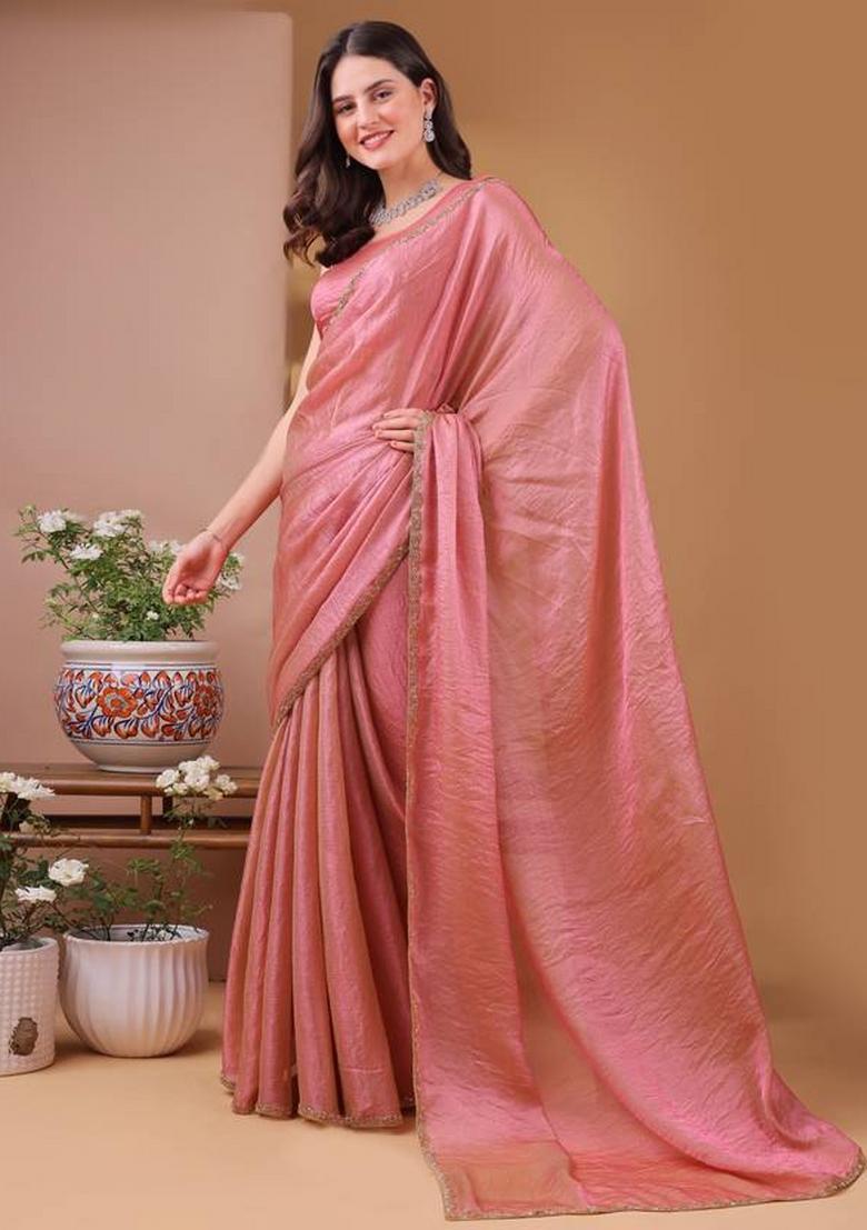 Dark Peach Handwork Lace Fendy Chiffon Saree Set