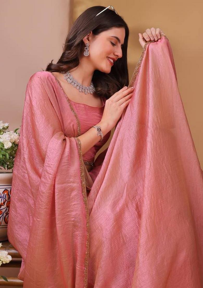 Dark Peach Handwork Lace Fendy Chiffon Saree Set