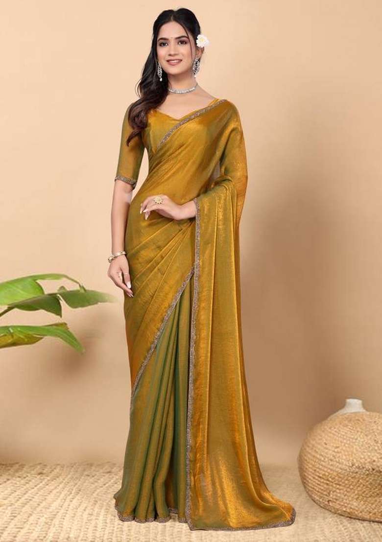 Green Gold Handwork Lace Fendy Chiffon Saree Set - Indya