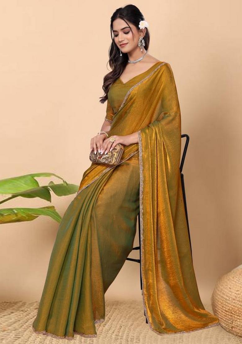 Green Gold Handwork Lace Fendy Chiffon Saree Set