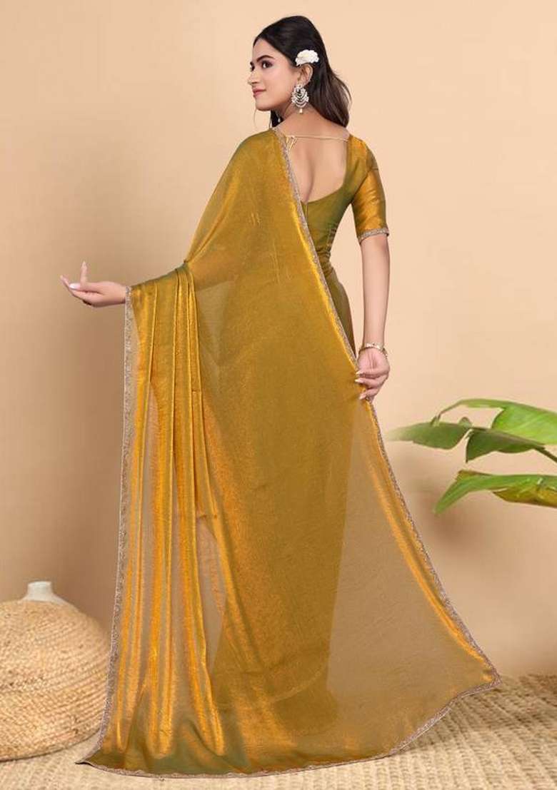 Green Gold Handwork Lace Fendy Chiffon Saree Set - Indya