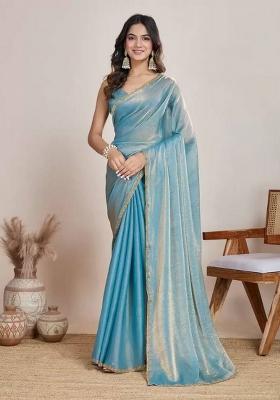 Light Blue Handwork Lace Fendy Chiffon Saree Set