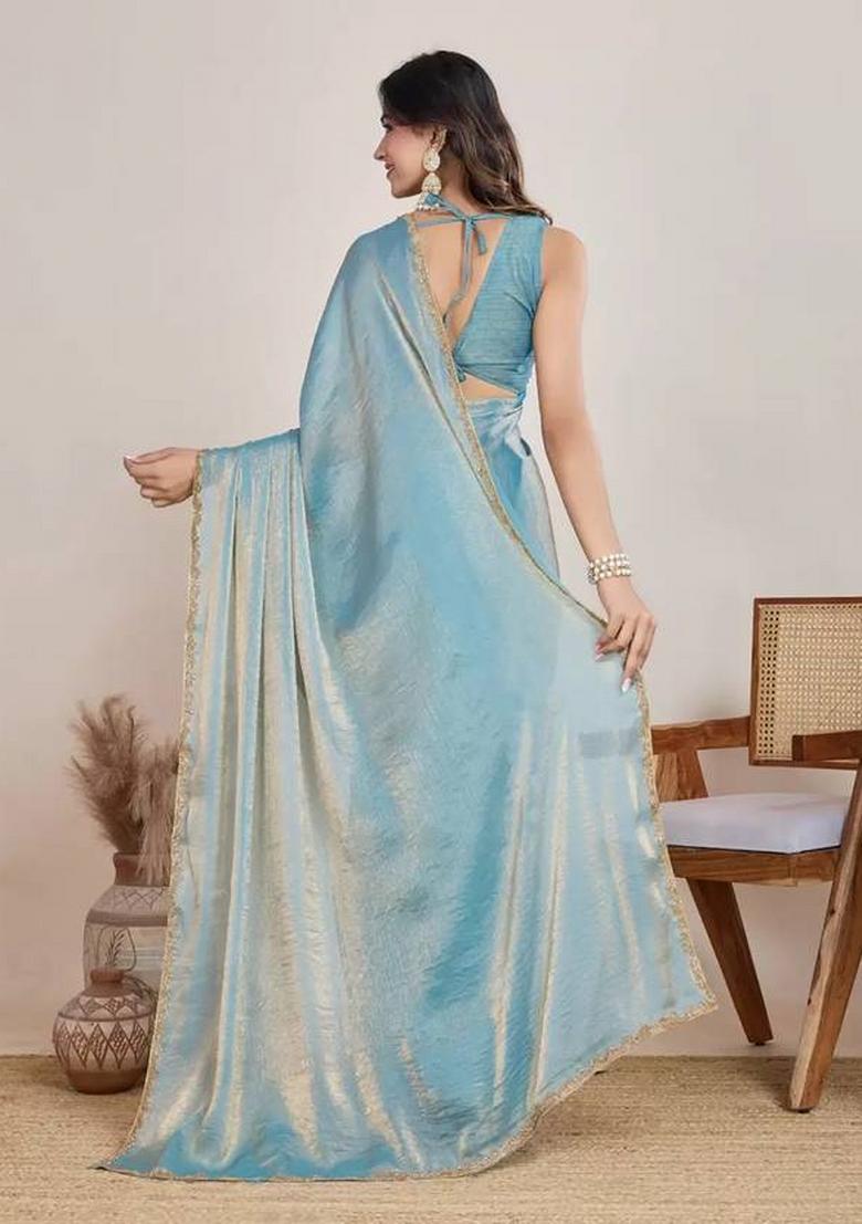 Light Blue Handwork Lace Fendy Chiffon Saree Set