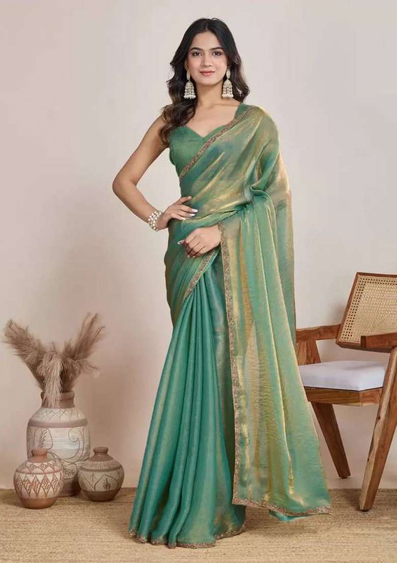 Light Green Handwork Lace Fendy Chiffon Saree Set - Indya
