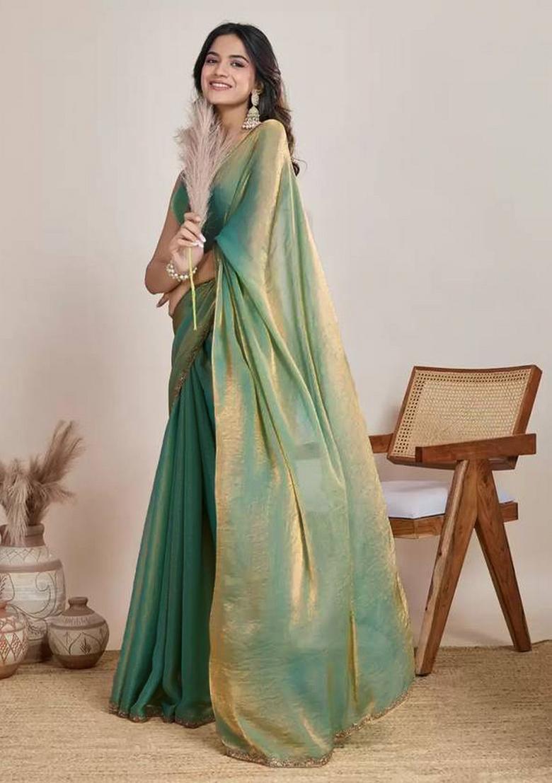 Light Green Handwork Lace Fendy Chiffon Saree Set