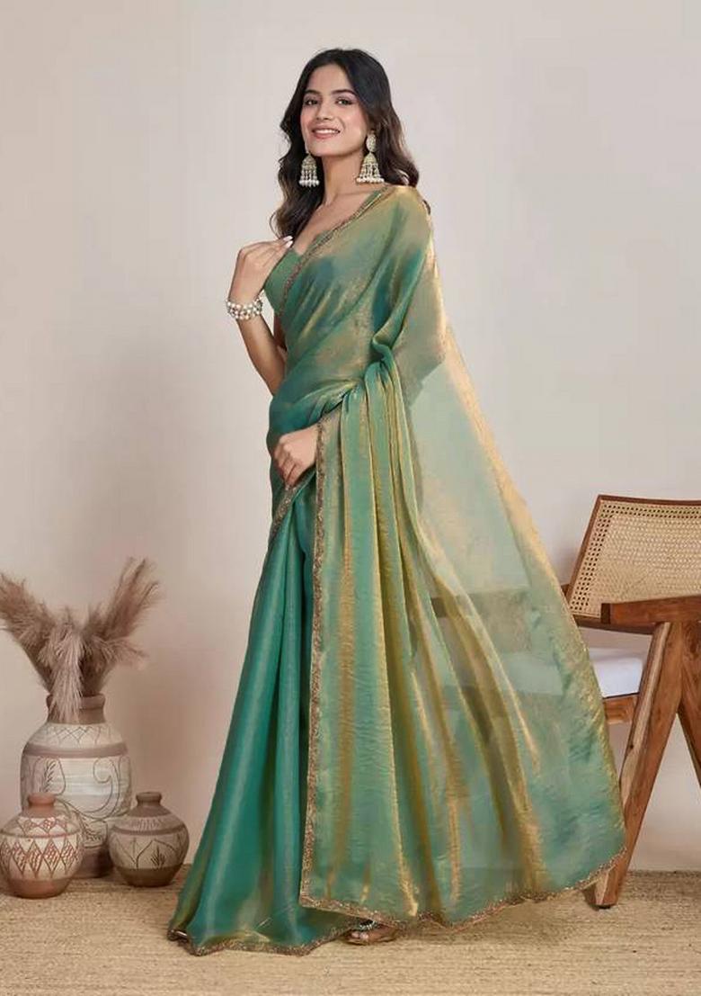 Light Green Handwork Lace Fendy Chiffon Saree Set