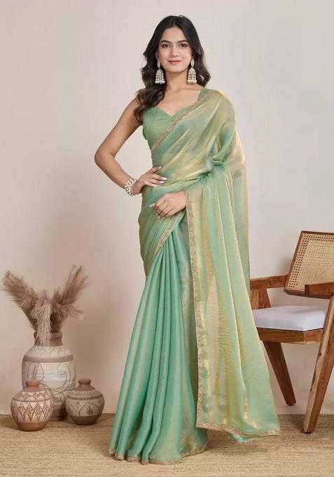 Light Green Handwork Lace Fendy Chiffon Saree Set