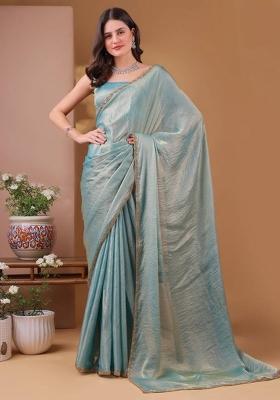 Light Rama Green Handwork Lace Fendy Chiffon Saree Set